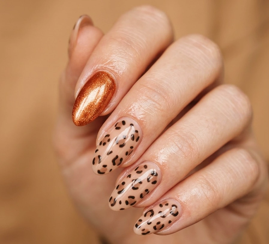 Cool girl nail designs with neutral brown and black leopard print on a sheer nude base with bare accent nails on almond nails