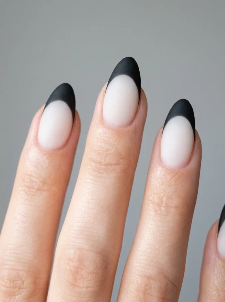 Cool girl nail designs with a milky base and matte black French tips on almond nails