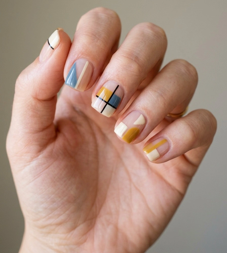 Cool girl nail designs with nude negative space, thin black lines, and soft blue, mustard, and cream color blocks on short square nails
