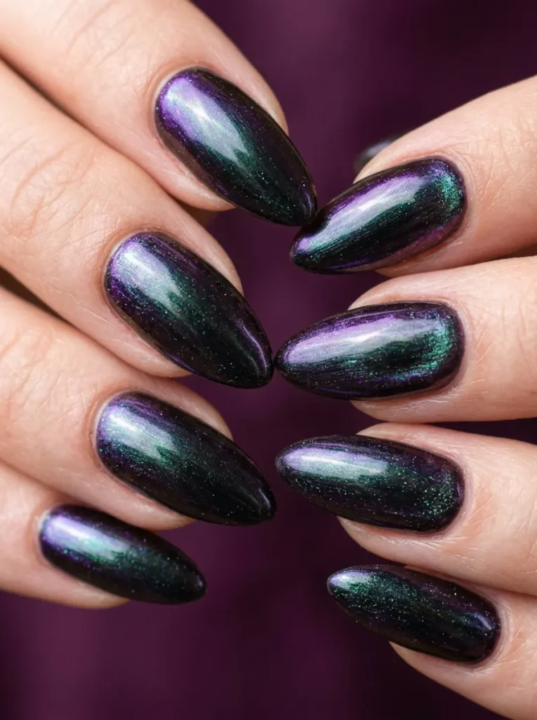 Cool girl nail designs in dark oil slick multichrome shifting purple, teal, and blue with a mirror finish on long almond nails