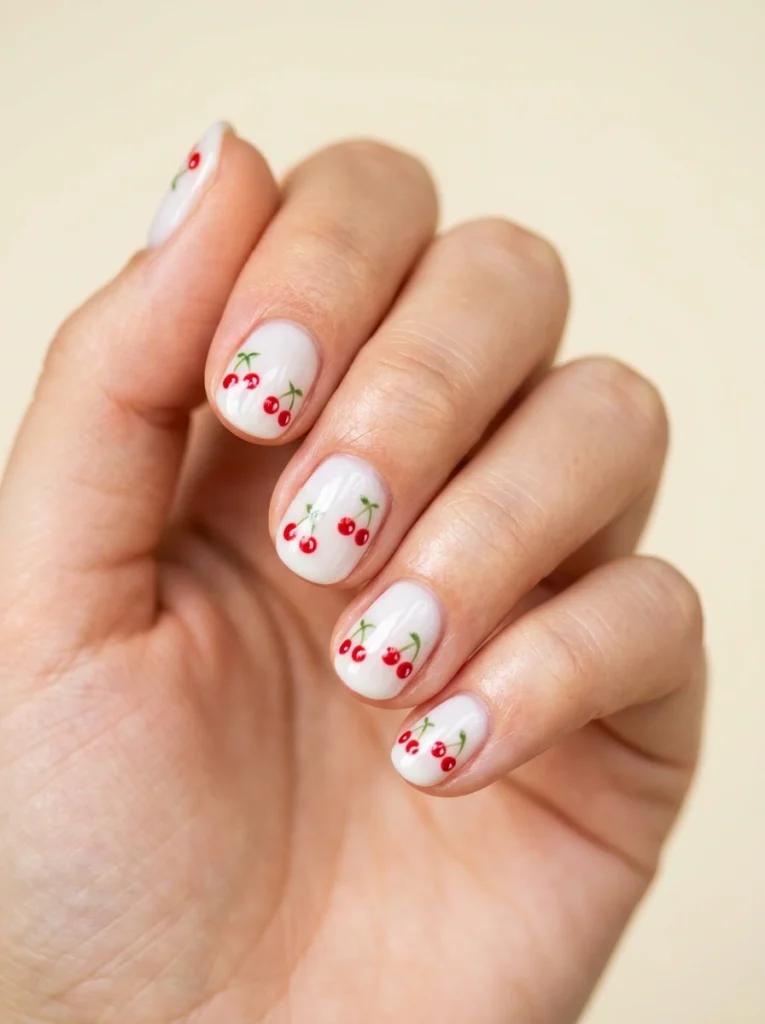 Cool girl nail designs with a milky white base and tiny red cherries with green stems on short round nails