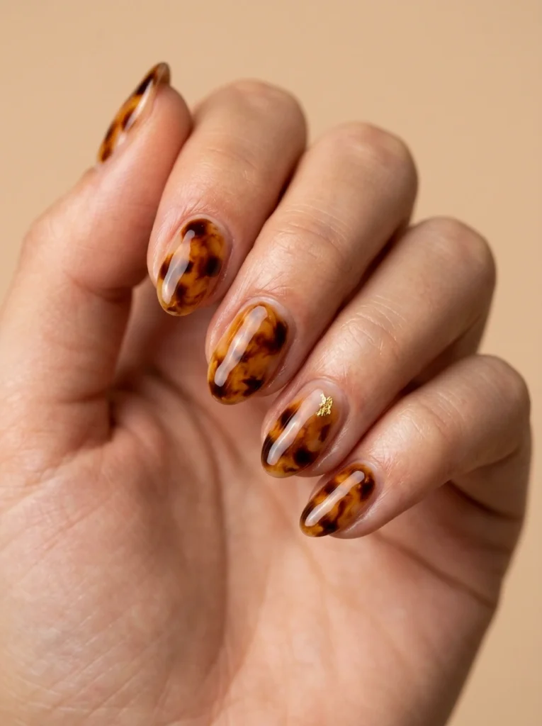 Cool girl nail designs in glassy tortoiseshell with blended amber, honey, and dark brown marbling on short almond nails