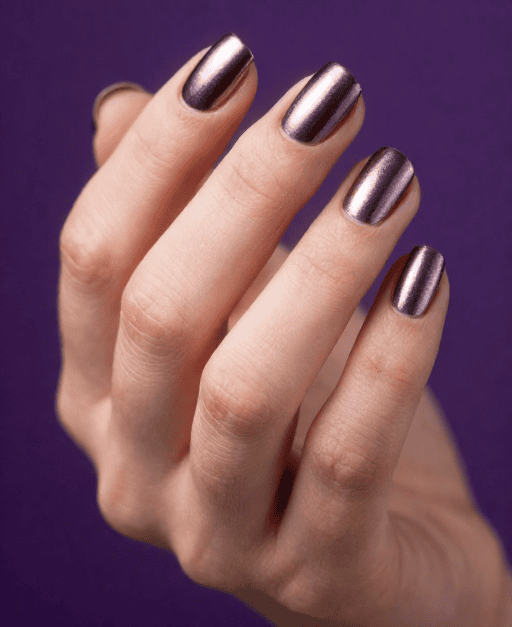 dark chrome plum nails 2026 trend with mirror shine