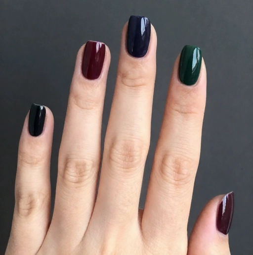 five dark nail polish shades black oxblood navy plum green on one hand