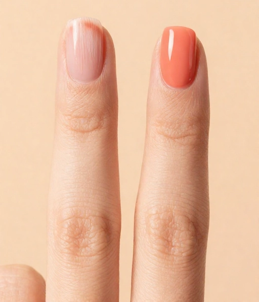 comparison of streaky nail polish and smooth coral nail finish