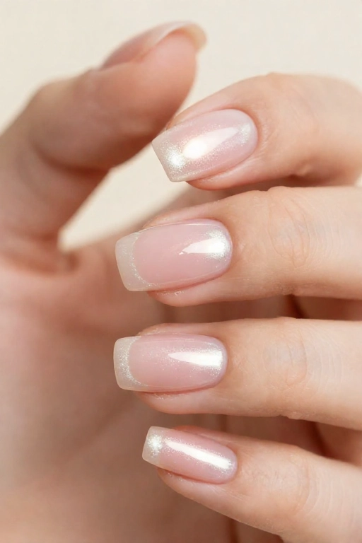 glazed donut nails with chrome powder layered over milky pink base