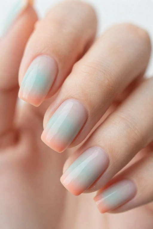 teal to coral gradient nails made by sponge layering polish
