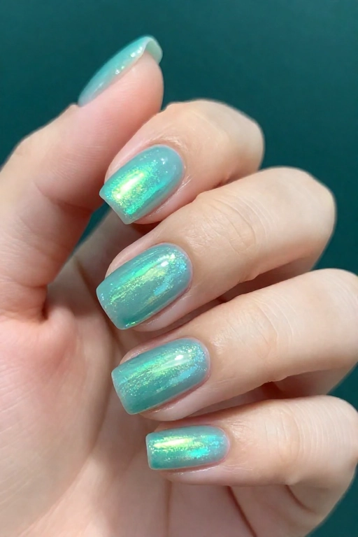 2026 jelly glaze nails with sheer teal and iridescent chrome layering