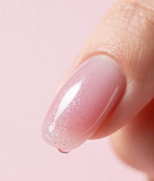 jelly sandwich manicure with glitter suspended inside sheer pink polish