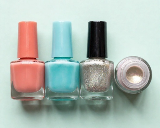 jelly sheer glitter and chrome polishes used for layering nail colors
