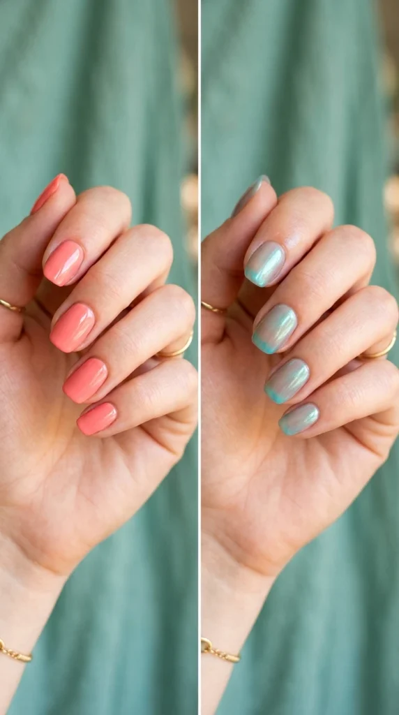 before and after of layering sheer polish to create a custom nail color