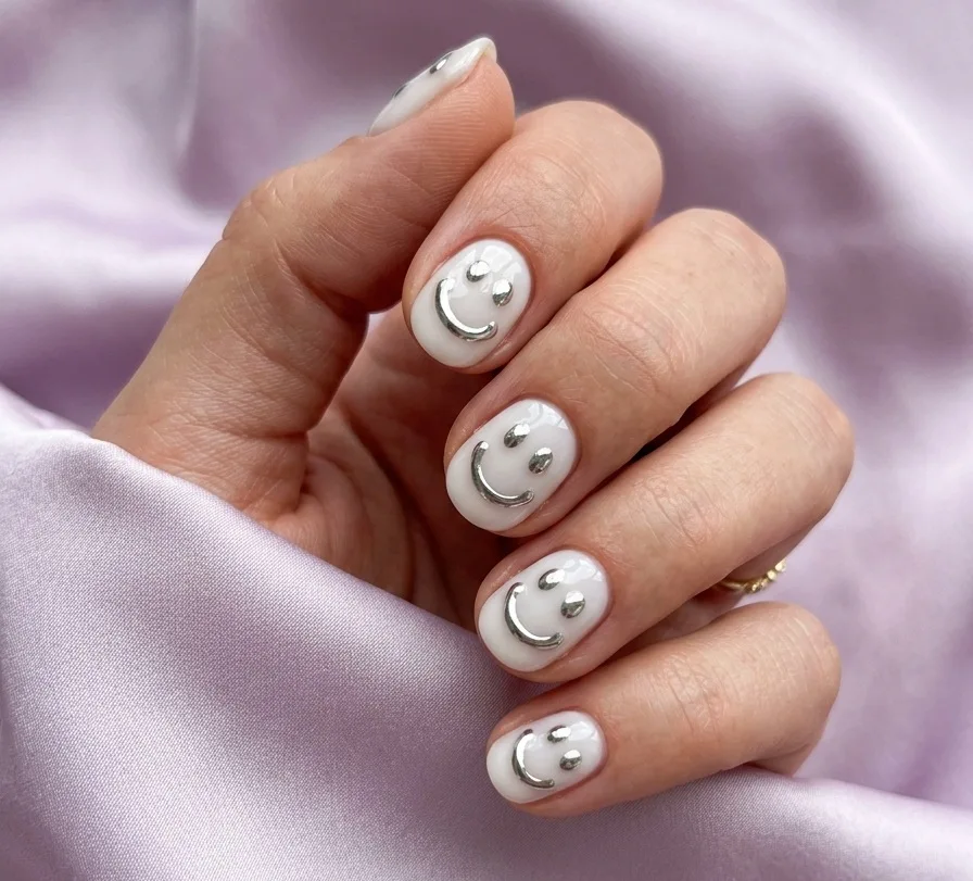 Summer smiley face nails with chrome silver smiley faces on a milky white base on short round nails