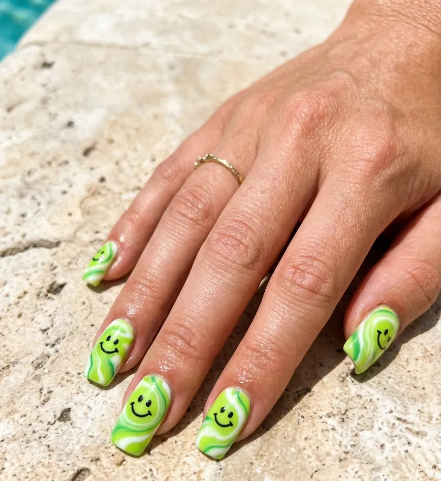 Summer smiley face nails with lime green and white swirl base and single smiley face on medium square nails