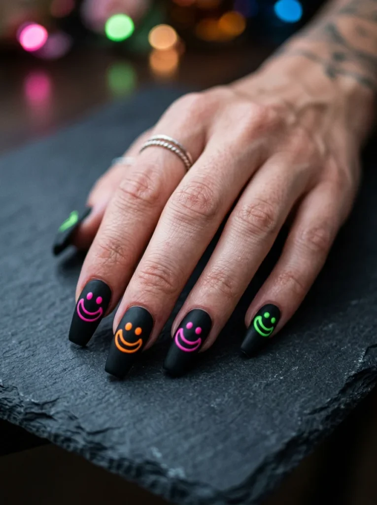 Summer smiley face nails with matte black base and bright neon smiley faces on medium coffin nails