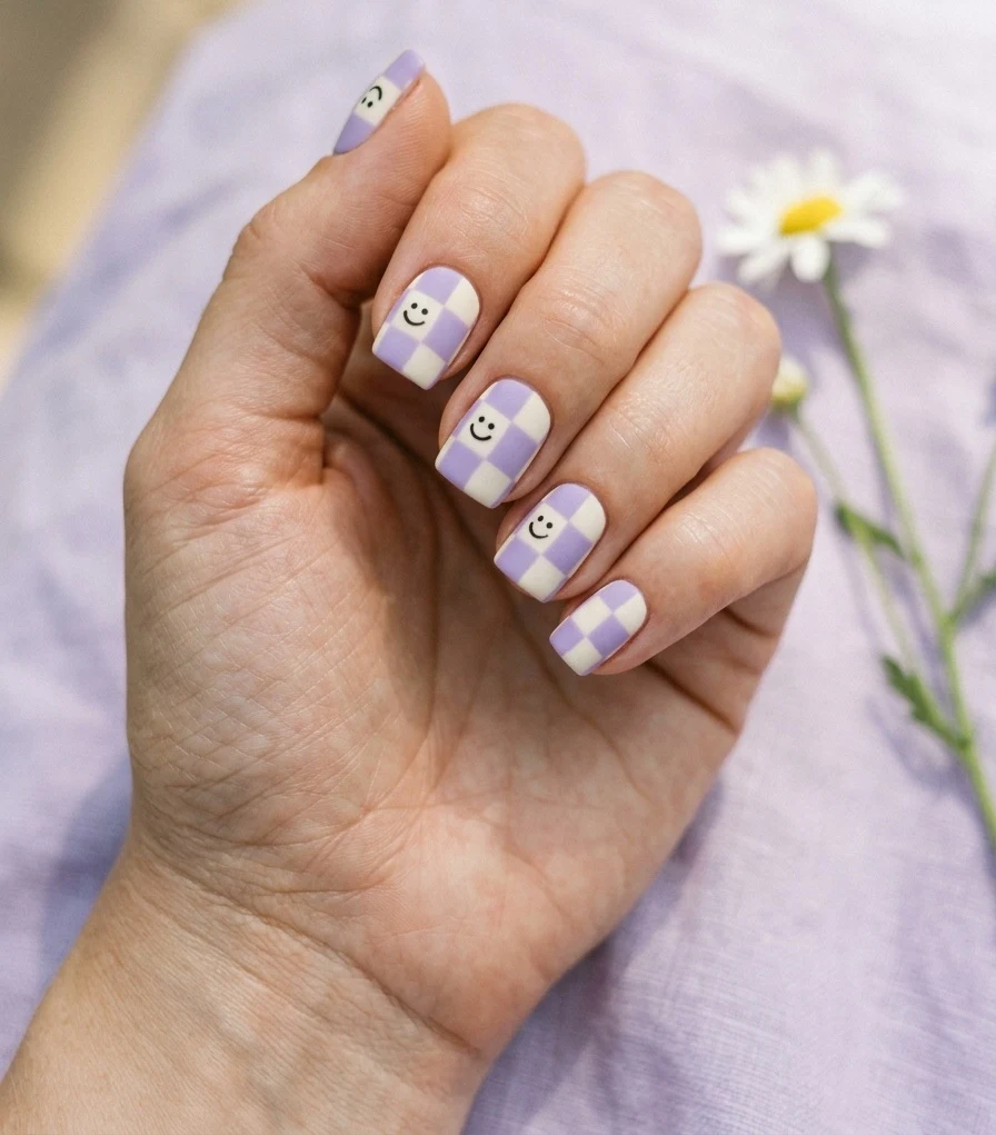 Summer smiley face nails with pastel lilac checkerboard pattern and smiley faces in the squares on short square nails