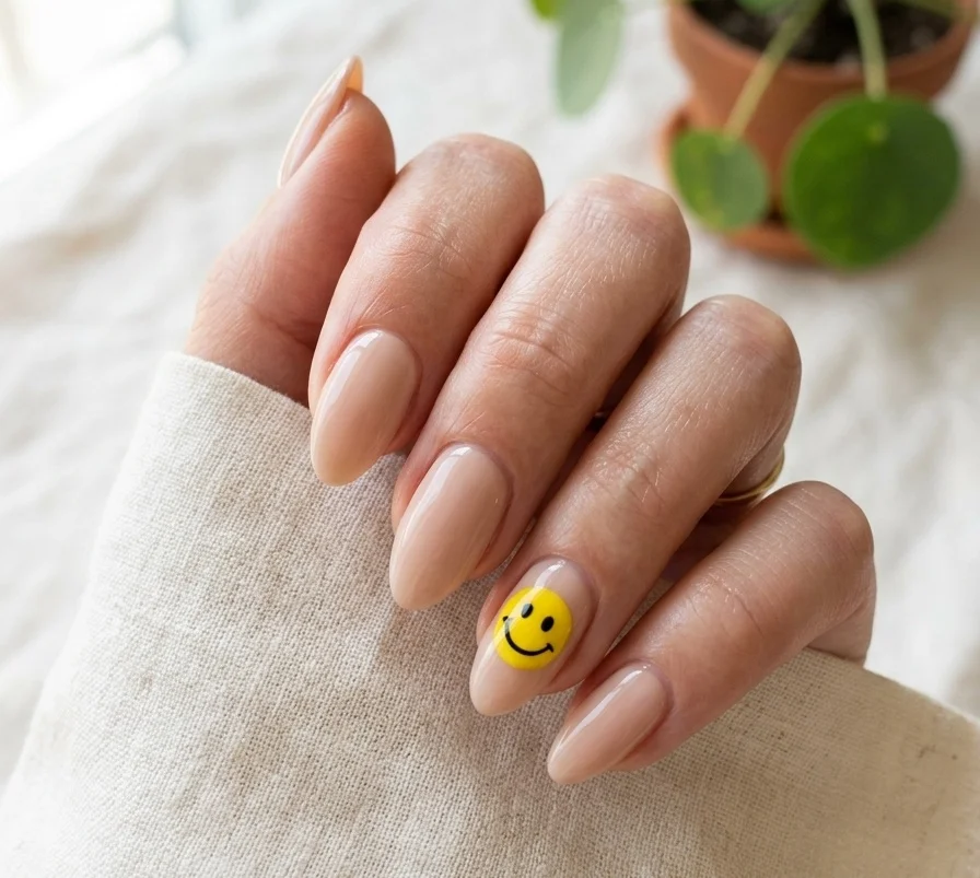Summer smiley face nails with one yellow smiley accent nail and clean nude nails on medium almond shape
