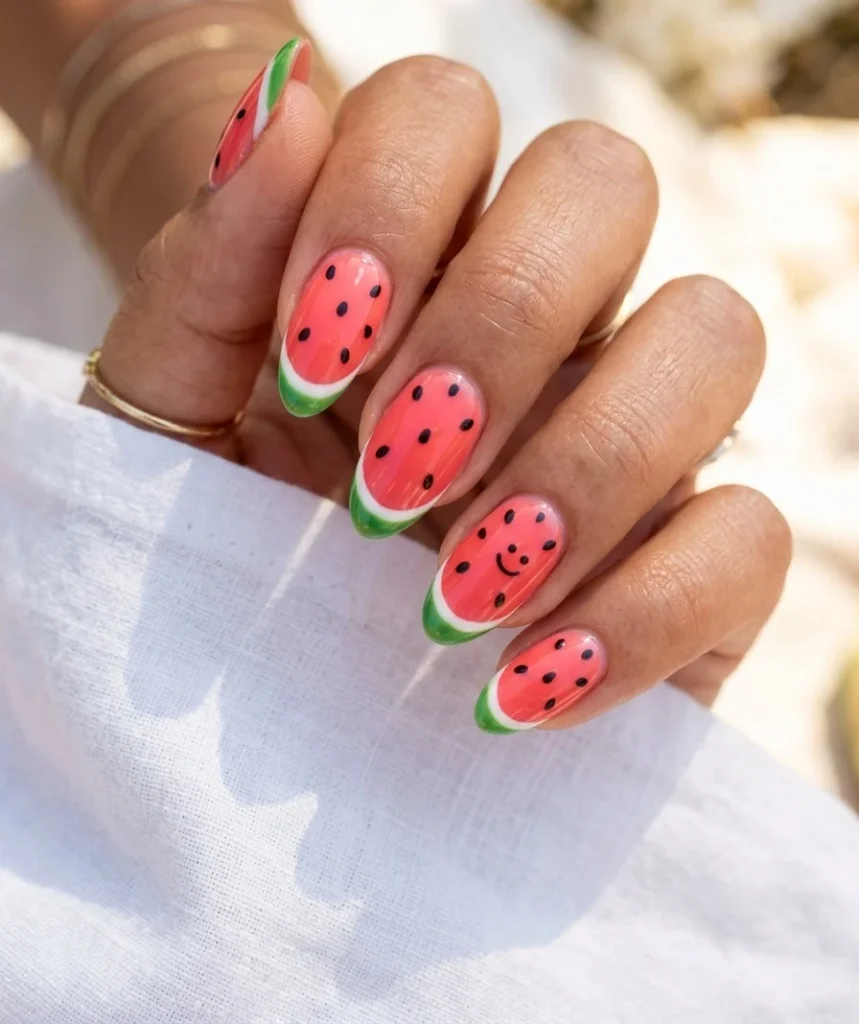 Summer smiley face nails with watermelon slice design and a happy face seed on medium almond nails